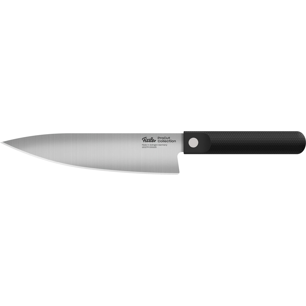 The Fissler ProCut Kochmesser from our distinguished 3-piece set, showcasing a precision-engineered stainless steel silver blade and an ergonomically designed black textured handle, artfully presented on a white background. Crafted in Germany since 1845, this chef’s knife reflects Fissler’s legacy of durability, innovation, and timeless quality.