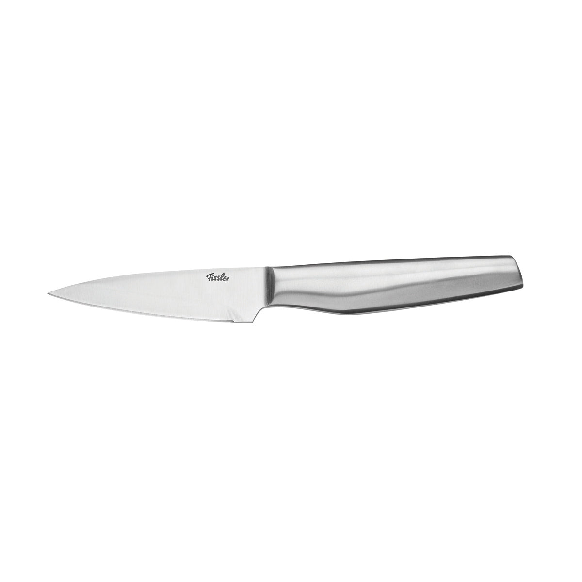 The Fissler Essential® Paring Knife combines German precision and ergonomic design with a sharp stainless steel blade, on white.