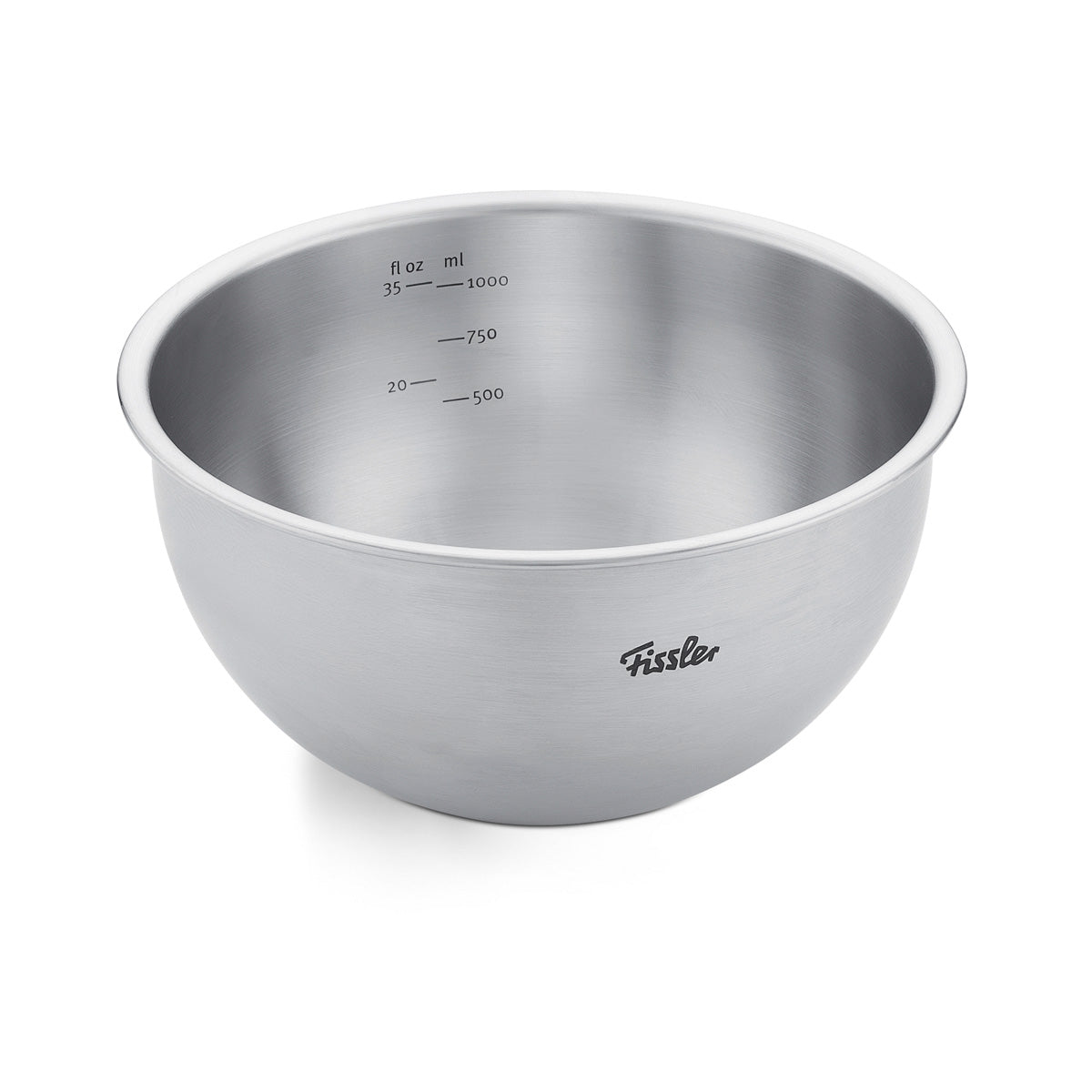 Fissler Essential® Bowl 16cm: durable stainless steel bowl with precise measuring marks, dishwasher-safe, logo on outside.