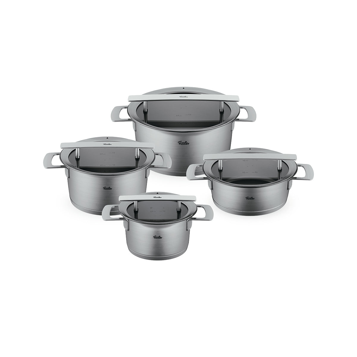 Fissler Phi Collection® 4-piece stainless steel Cookware Set with glass lids, precisely made in Germany, timeless and durable.