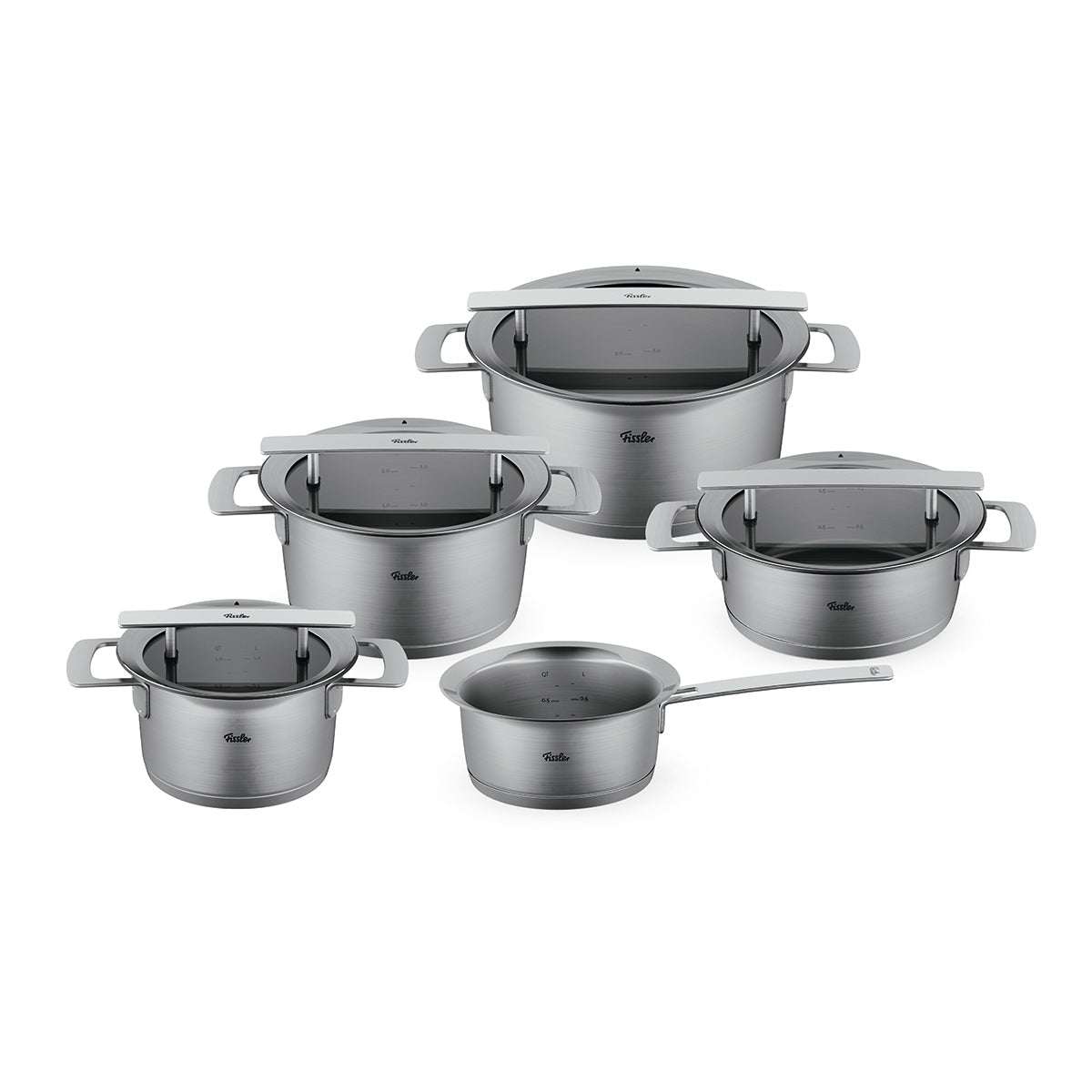 Fissler Phi Collection® 5-piece Cookware Set in stainless steel with glass lids, precision-made in Germany, iconic quality since 1845.