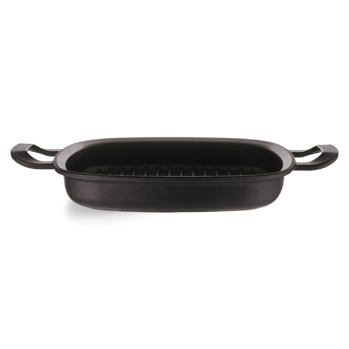 Seitenansicht der Fissler Original-Profi Collection® Grillpfanne aus Gusseisen, 26x26cm, in elegantem Schwarz mit zwei Griffen und Grillrillen.