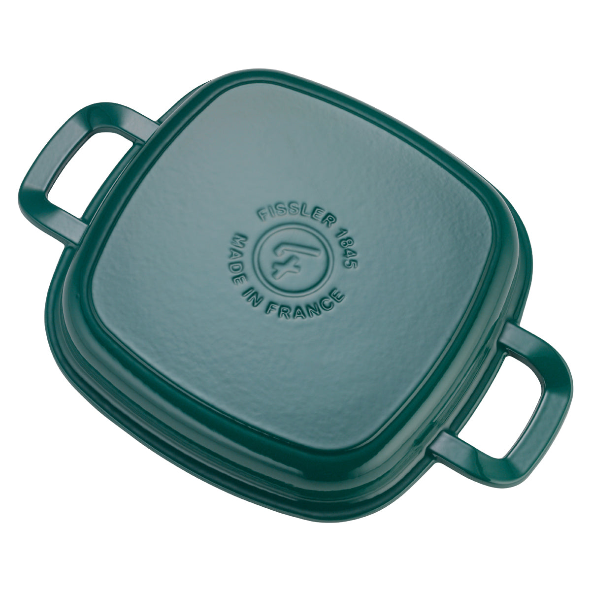 Grüner, quadratischer Fissler Original-Profi Collection® Grillpfannendeckel aus Gusseisen, 26x26cm, zwei seitliche Griffe, eingeprägtes Fissler-Logo.