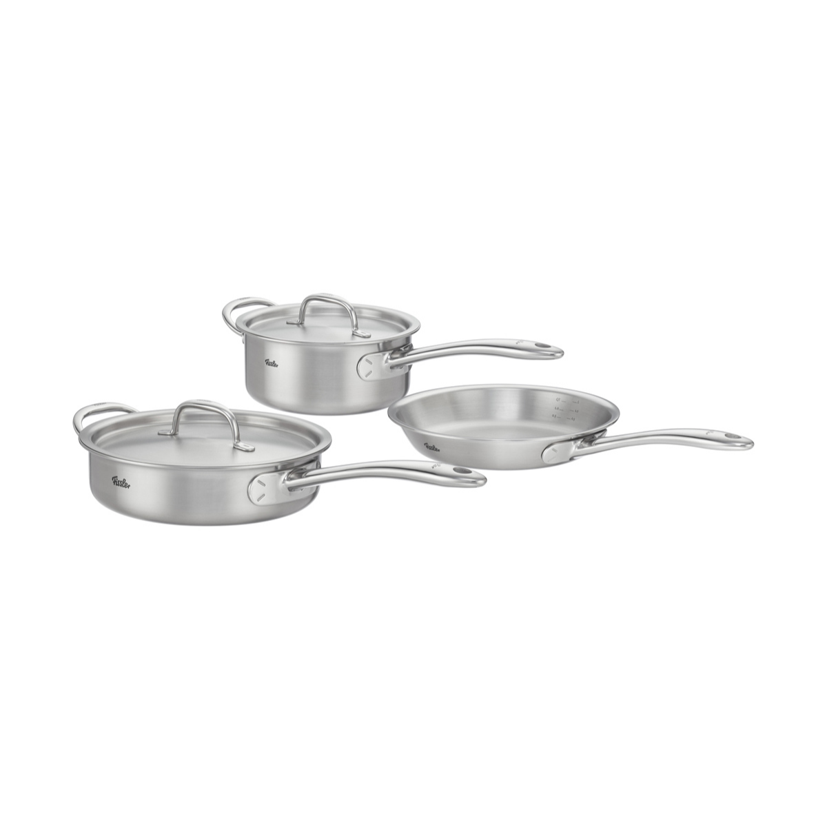 The Fissler M5 Pro-Ply® 3-piece set with metal lids includes three premium stainless-steel pieces—a saucepan, a Pro-Ply sauté pan, and a frying pan—with elegant metal lids and ergonomic handles.
