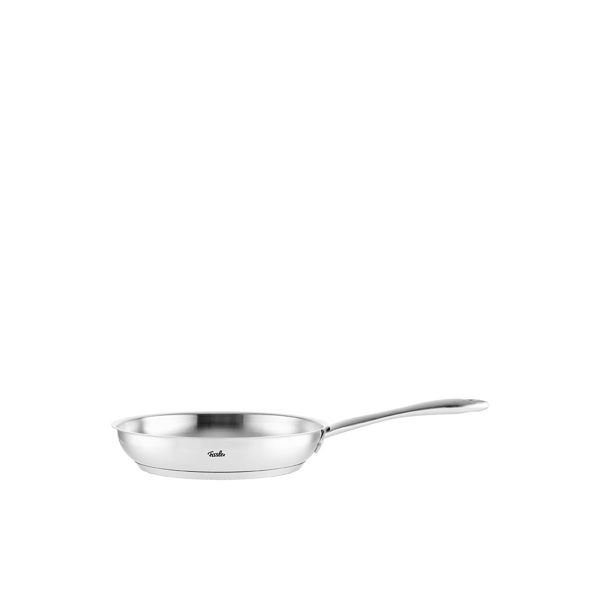 Fissler Catania frying pan with long handle, slim and durable, shown in white. Ideal for sautéing; suitable for induction. Made in Germany.