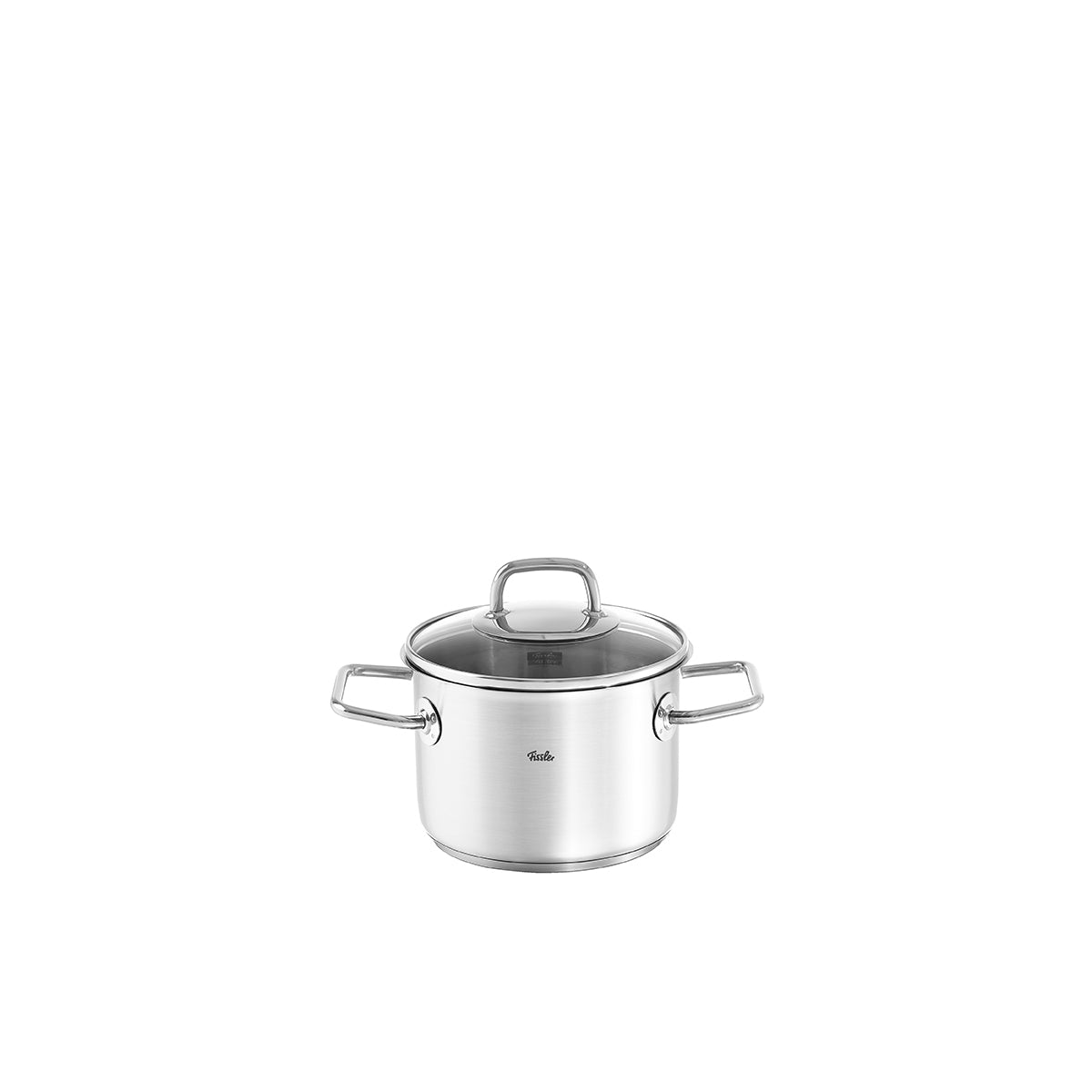 Fissler Viseo® Cooking Pot: Premium stainless steel pot, suitable for induction, modern design, Glass Lid, two handles. Made in Germany.