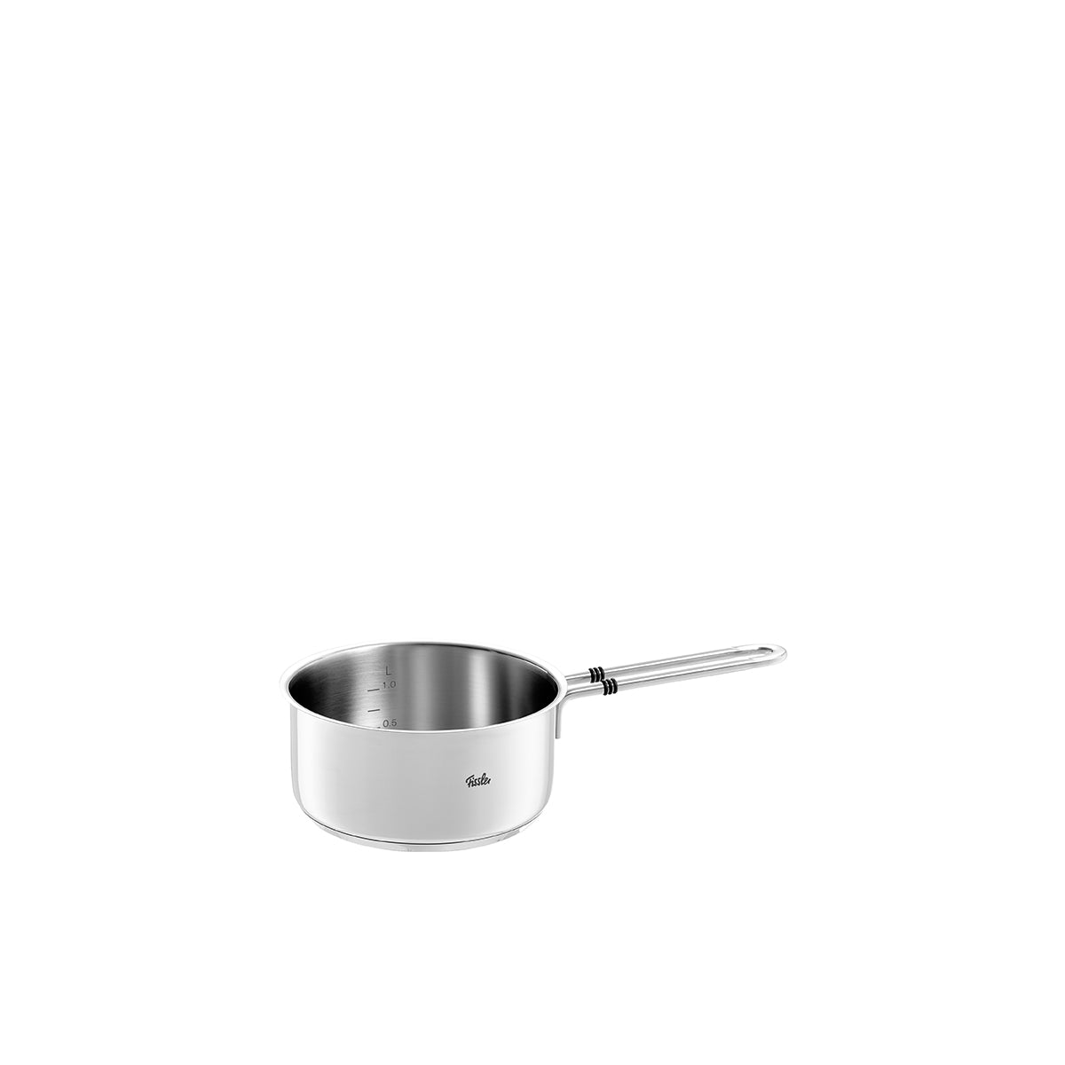 Ein Edelstahl-Topf von Fissler Bonn ohne Deckel, ausgestattet mit einem Superthermic-Boden und Maßmarkierungen im Inneren, der die Tradition präziser deutscher Ingenieurskunst der Marke widerspiegelt.