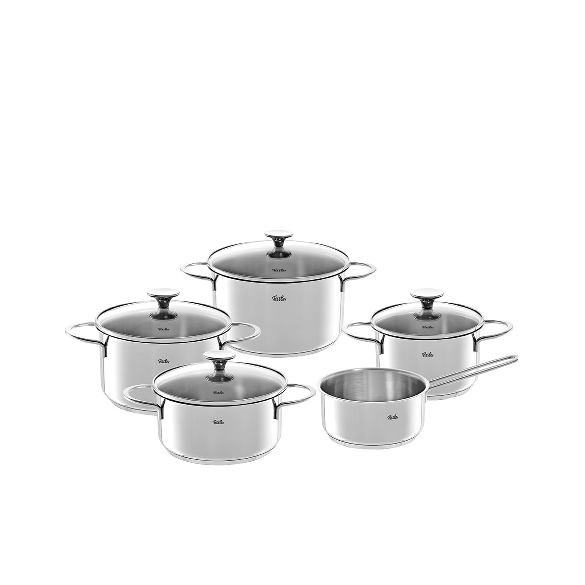 Fissler Copenhagen Cookware Set: five energy-saving stainless steel pots with glass lids, Made in Germany, on a white background.