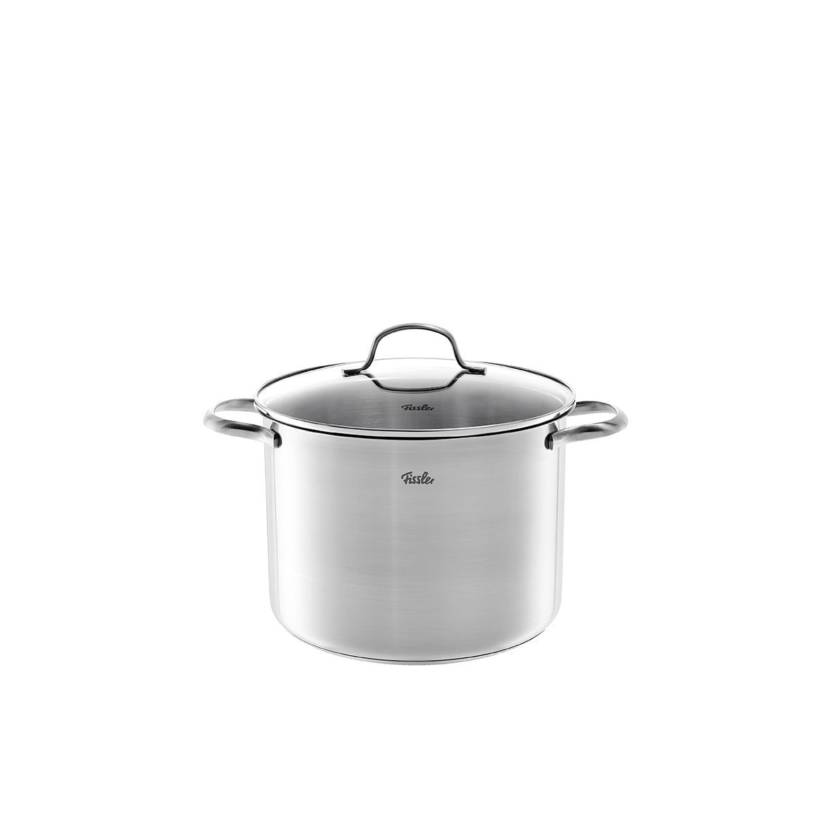 Fissler San Francisco Cooking Pot: high-quality 18/10 Stainless Steel, ergonomic handles, measuring scale, Lid; Fissler logo on brushed finish.