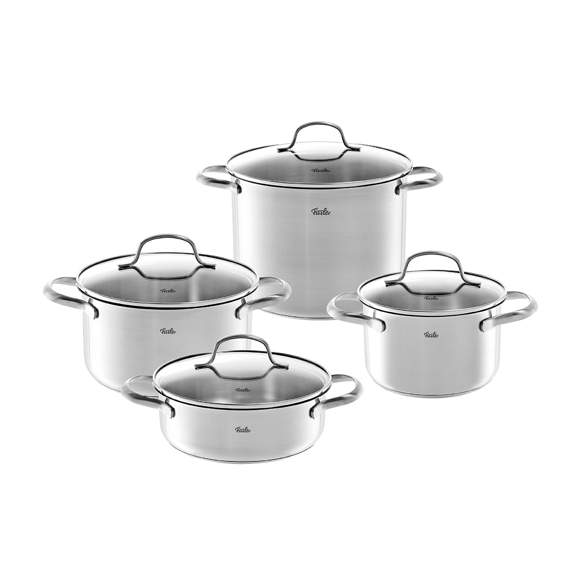 Ein vierteiliges Fissler San Francisco Kochgeschirrset aus hochwertigem Edelstahl mit Glasdeckeln und präzisionsgefertigten Superthermic-Böden für lange Lebensdauer.