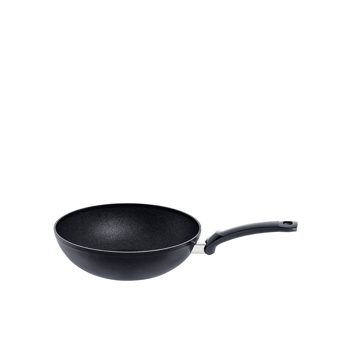 Fissler Adamant® Wok Pan with long, curved handle, durable non-stick coating, shown in white. Precision. Quality made in Germany.