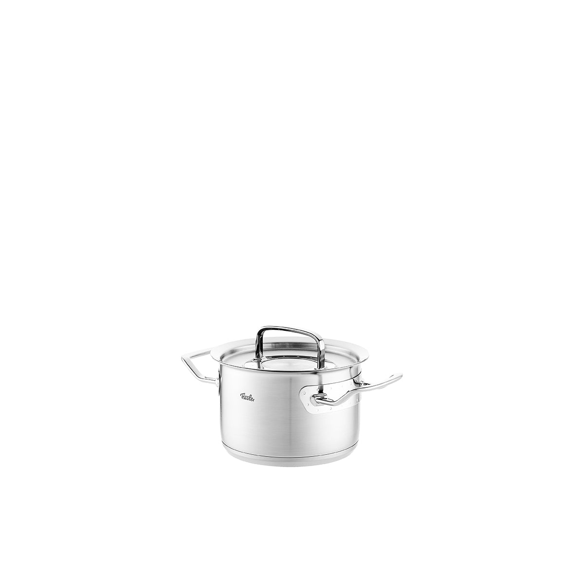 Fissler Original-Profi Collection® Kochtopf aus Edelstahl, mit Deckel und zwei Griffen, induktionsgeeignet, vor weißem Hintergrund.