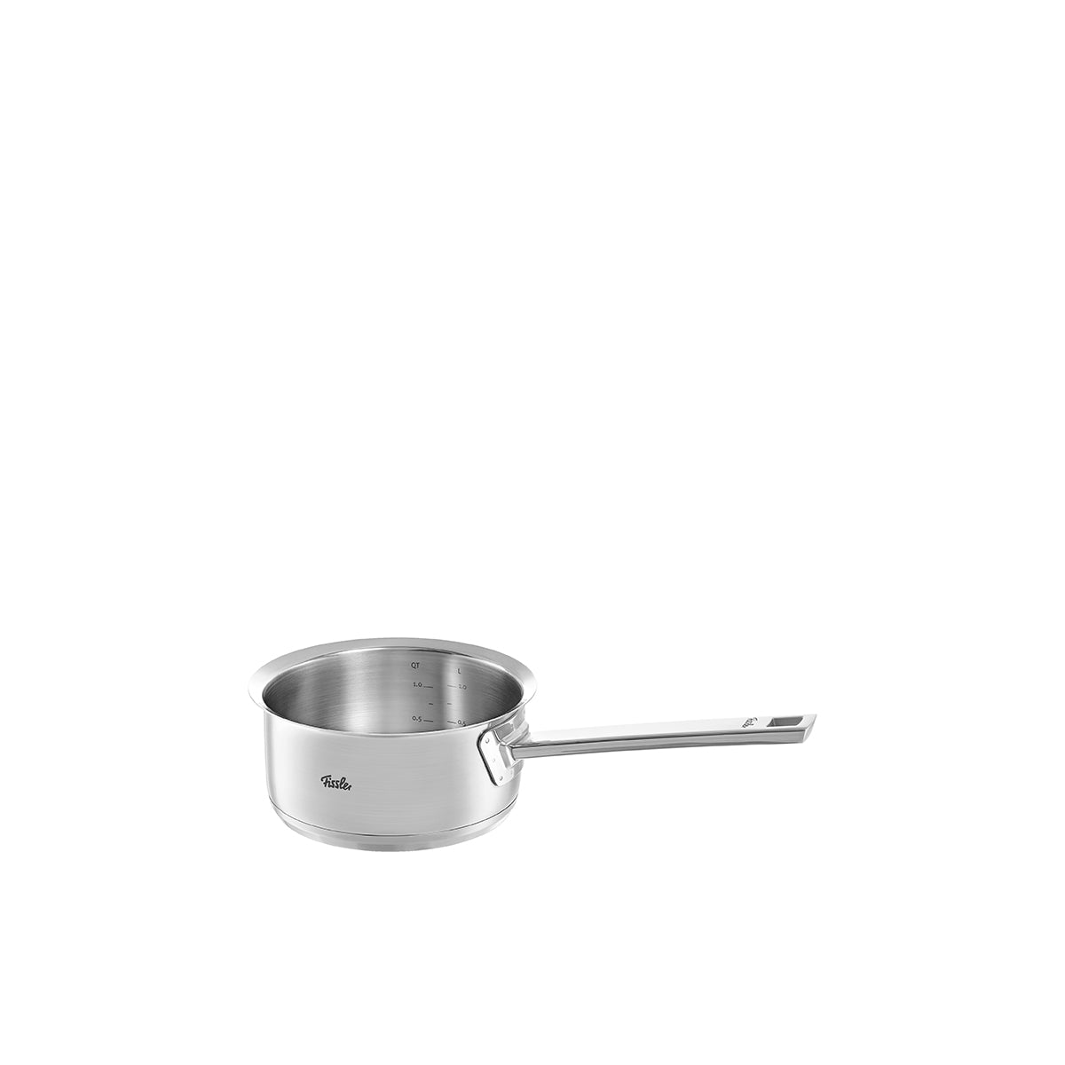 Fissler Original-Profi Collection® 4-piece Cookware Set in stainless steel with metal lids, interior markings and long handles on white.