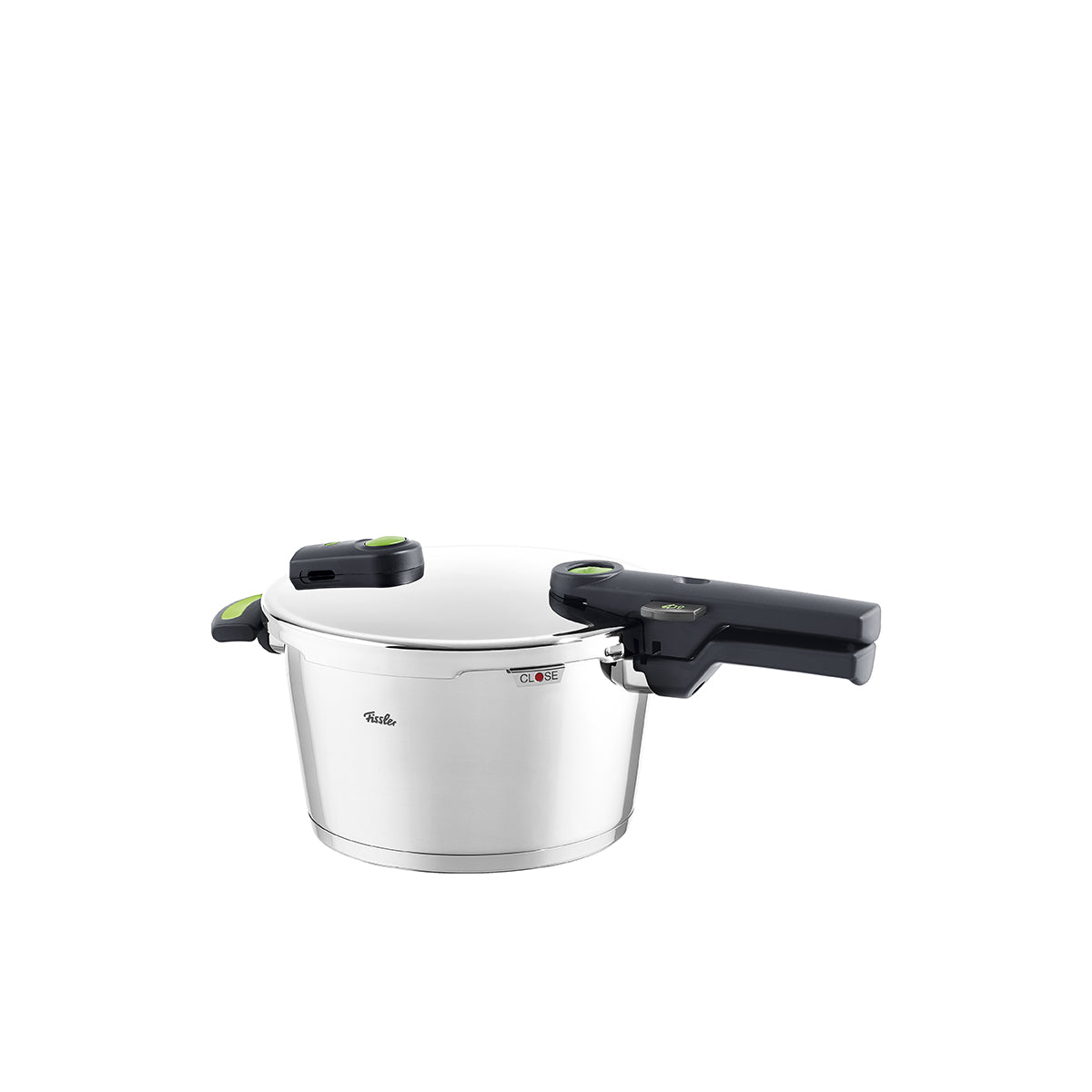 Fissler Vitaquick® Green Schnellkochtopf: moderner Schnellkochtopf aus Edelstahl mit Sicherheitsfunktionen, Made in Germany, auf weißem Hintergrund.