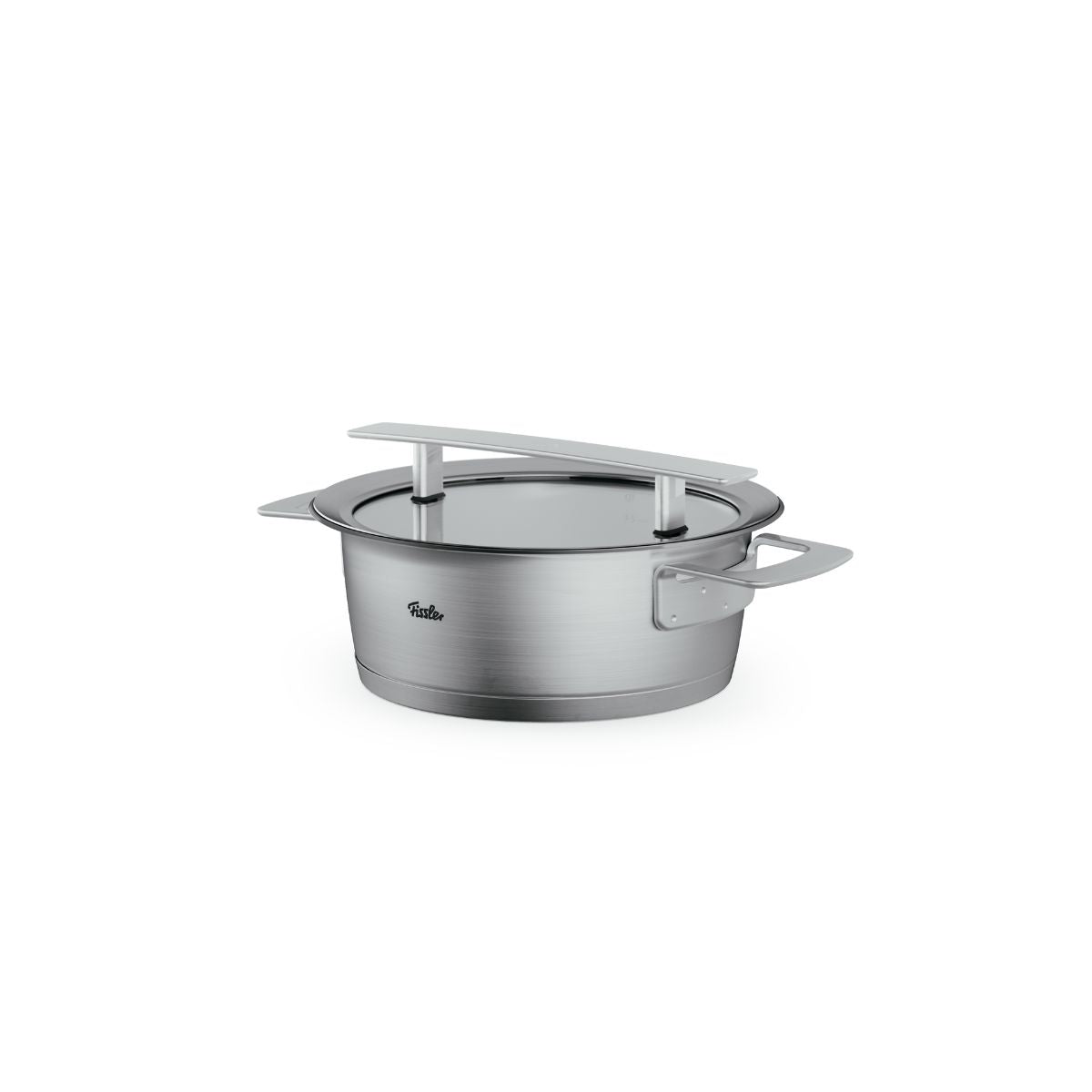 Fissler Phi Collection Casserole Pot: Precision-made stainless steel pot, Glass Lid, signature handles. Timeless German design.