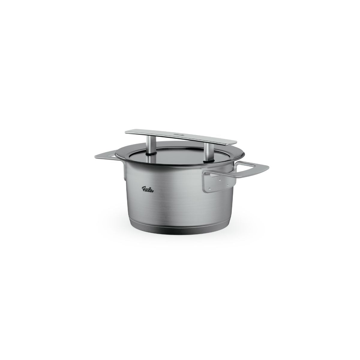 Fissler Phi Collection® 5-piece Cookware Set in stainless steel with glass lids, modern rectangular handles, Made in Germany, on a white background.