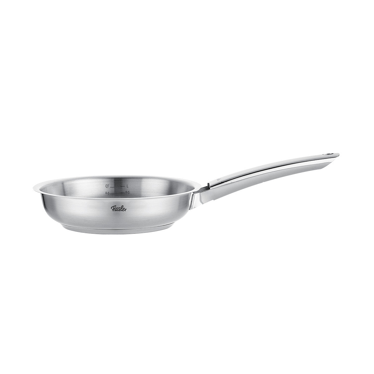 Fissler Pure Collection Premium stainless steel Frying Pan, long handle, curved rim. Precision made in Germany. White background.