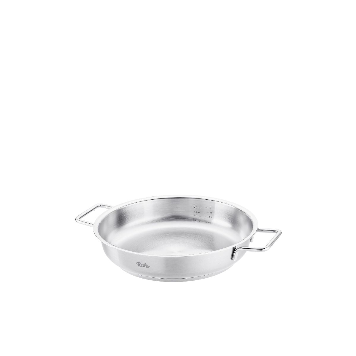 The Fissler Pure serving pan, made in Germany from recycled steel, features distinctive handles and markings on a white background.
