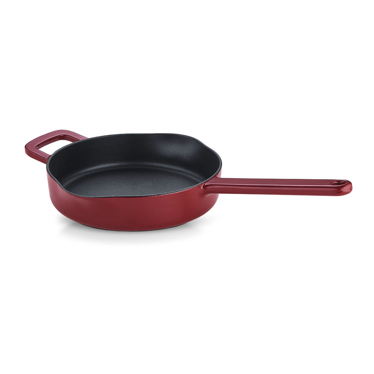 Fissler Moments Pfanne aus rotem Gusseisen mit langem und helfendem Griff; glatte schwarze Innenseite für energiesparendes, natürliches Antihaft-Kochen.