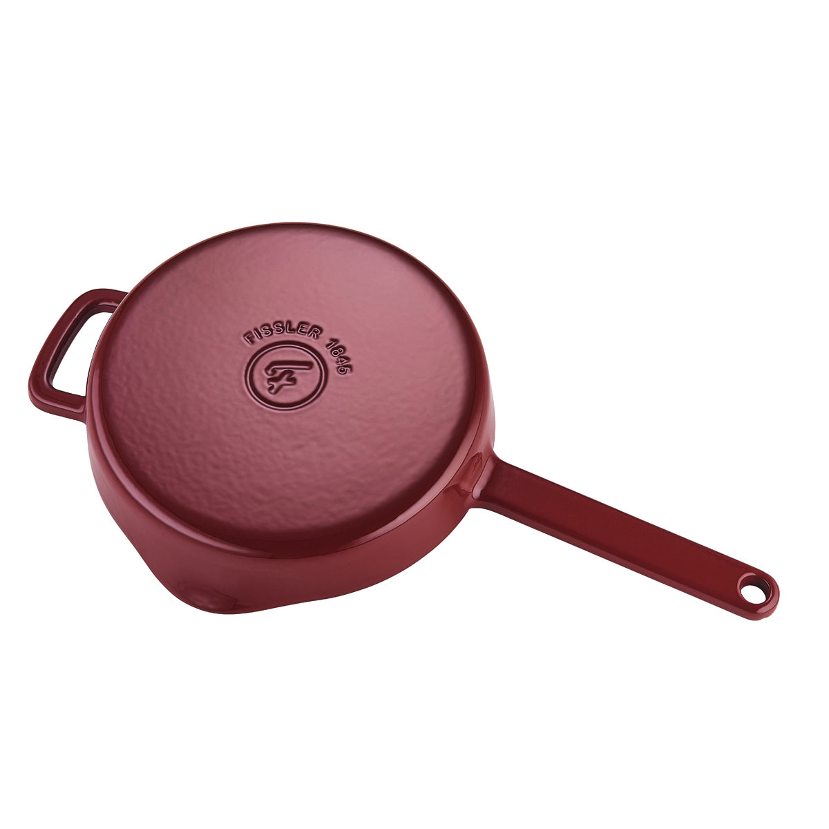 Red Moments Collection Gusseisenpfanne, auf dem Kopf stehend, mit Fissler-Logo, 1845 Heritage Mark und zwei Griffen für effizientes Kochen.