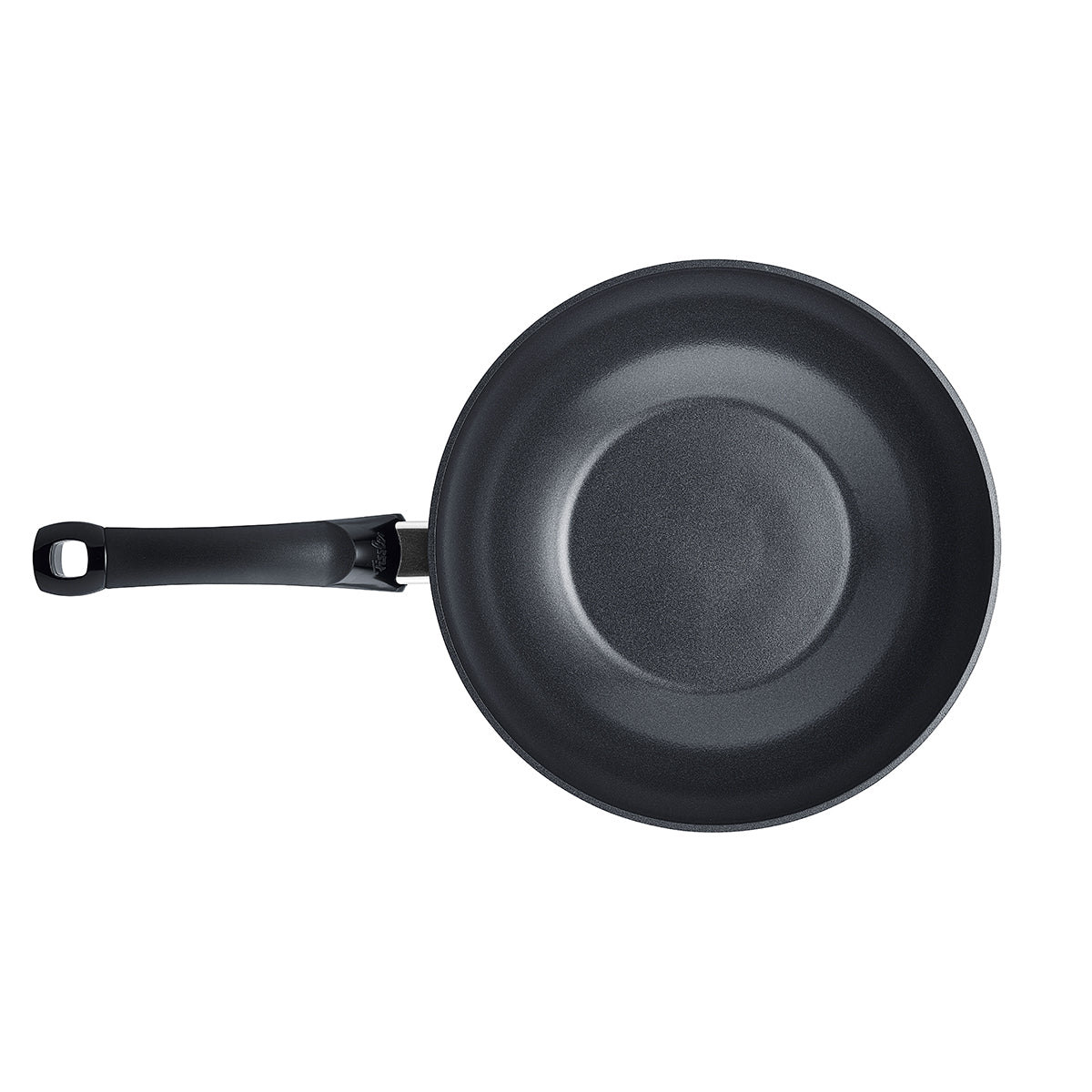 Fissler Ceratal® Wok Pan Orbit Black 28cm, Top View; slim black wok with long handle, ceramic-coated, PTFE-free.