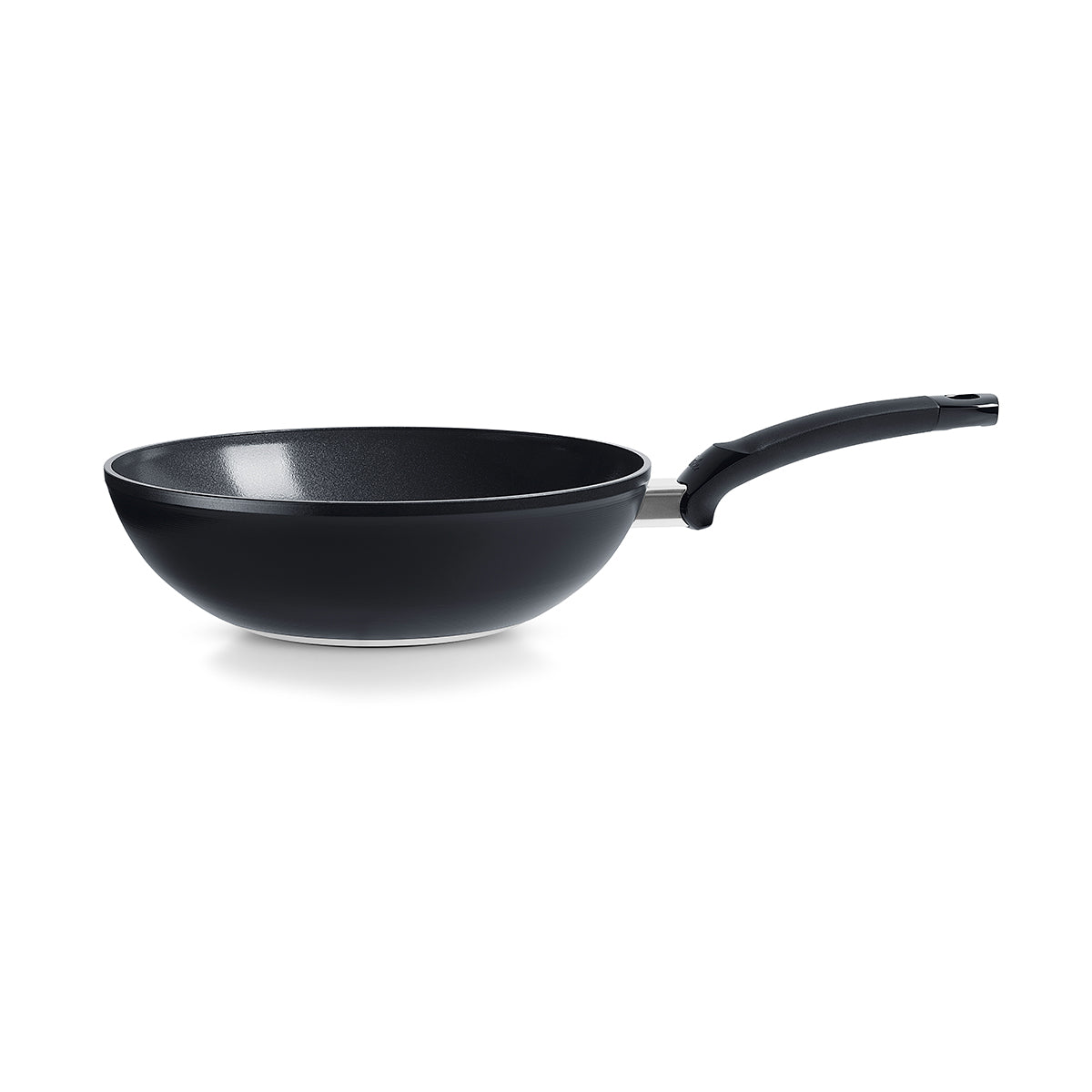 Fissler Ceratal® Wok Frying Pan Orbit Black 28 cm, black ceramic non-stick pan with ergonomic handle, shown on a white background.