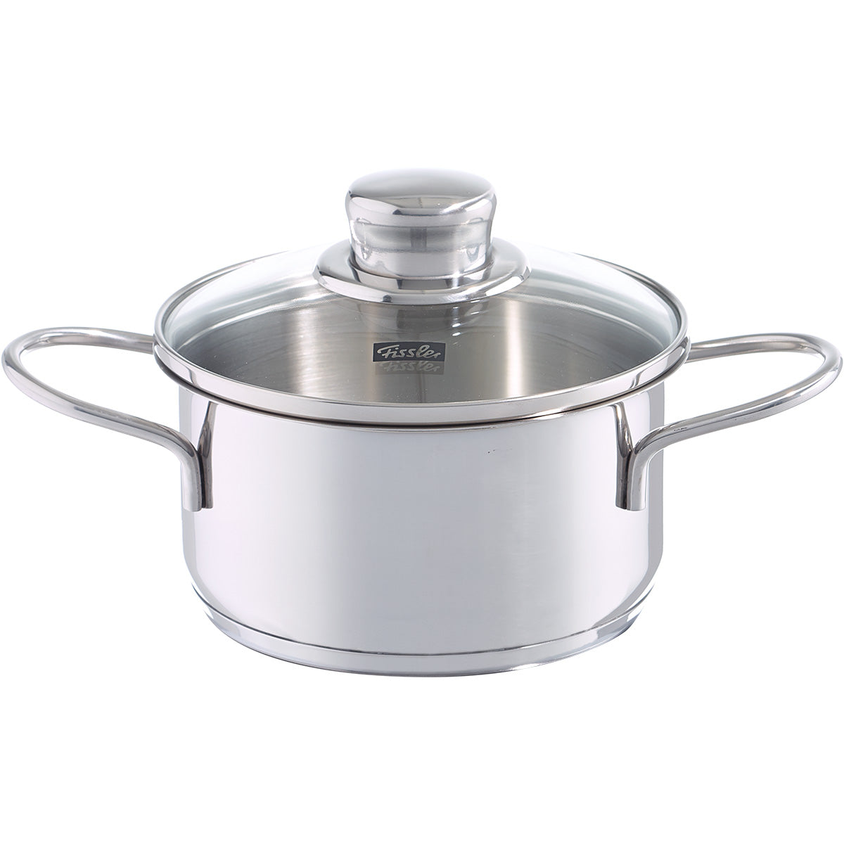 Fissler appetizer set Cooking Pot made of stainless steel with handles, Glass Lid, and brand logo, presented on a white background.