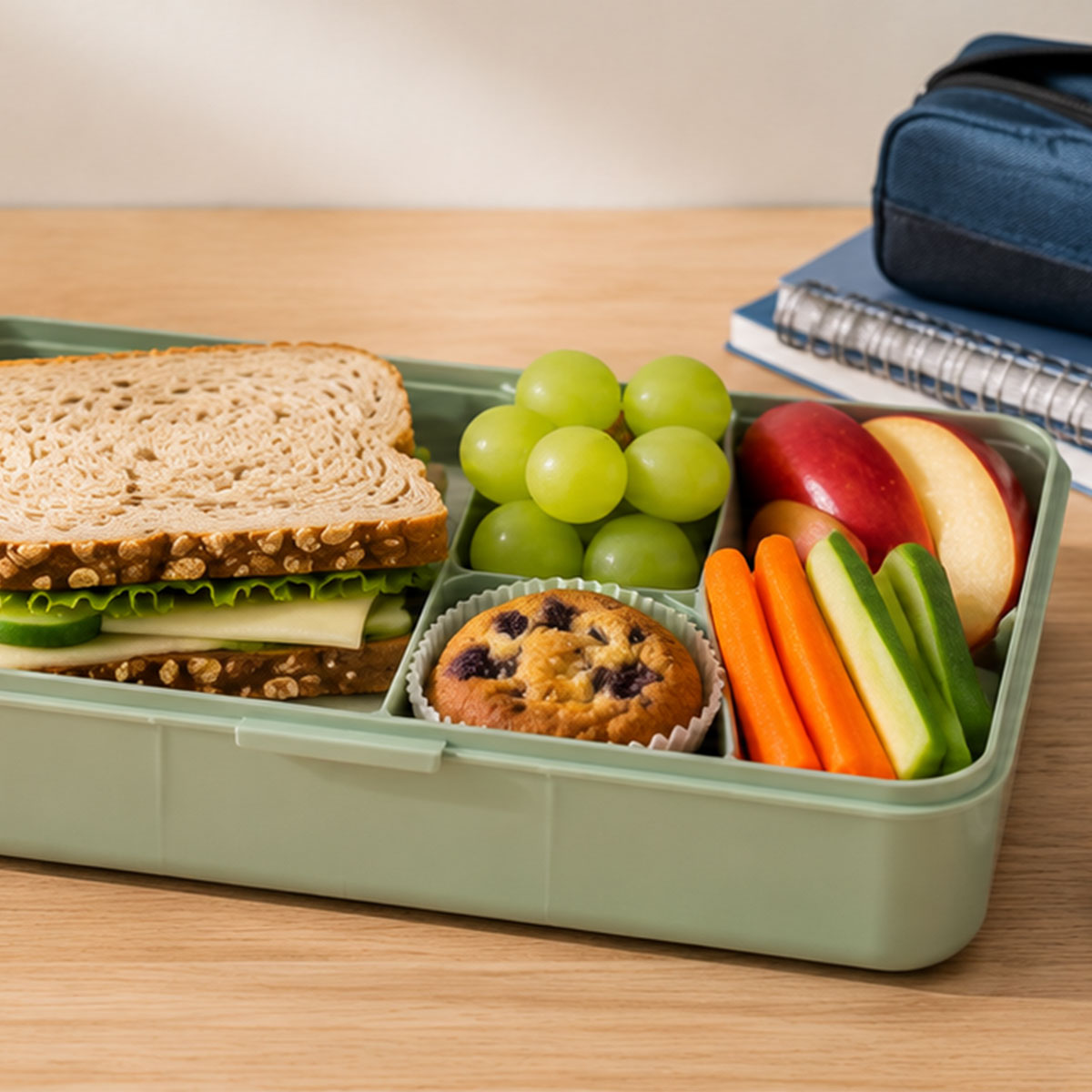 A green lunchbox containing a sandwich, green grapes, apple slices, carrot sticks, cucumber sticks, and a blueberry muffin is arranged on a wooden table beside notebooks and a blue bag. The scene evokes the durability and innovation Fissler is renowned for—timeless design ideals reflected in the setting’s order and quality.