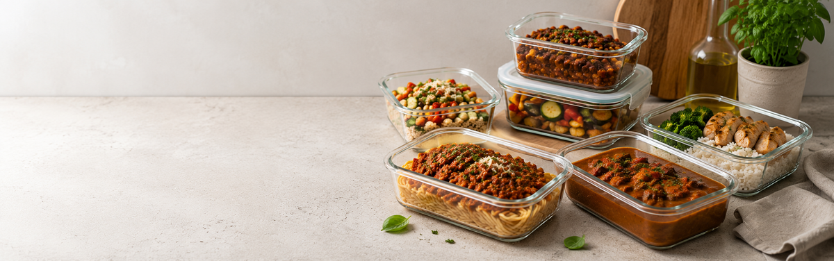 Glass Fissler containers showcase assorted meal prep dishes—spaghetti, rice with chicken, mixed vegetables, and stew—thoughtfully arranged on a light kitchen counter. Premium German-made cookware elements, fresh herbs, and olive oil complete the elegant, precision-crafted setting.