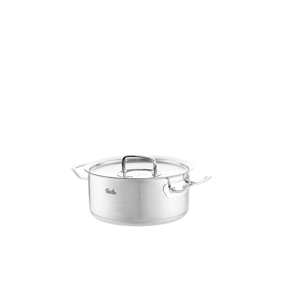 Fissler Original-Profi Collection® Casserole Pot made of stainless steel with Metal Lid and handles, suitable for induction, with visible Fissler logo.