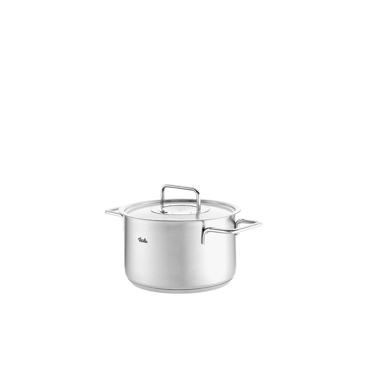 Fissler Pure Collection Cooking Pot with Metal Lid, recycled stainless steel, two handles, Lid; made in Germany, iconic quality.