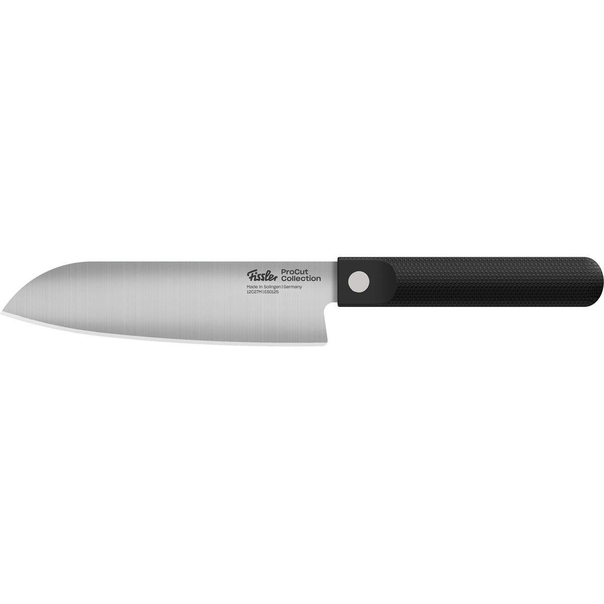 Das 3-teilige Fissler ProCut-Küchenmesserset mit präzisionsgeschmiedeten Klingen aus rostfreiem Stahl und ergonomisch geformten, schwarzen, strukturierten Griffen ist auf jeder Klinge mit dem Logo der Fissler ProCut-Kollektion versehen. Als Beispiel für deutsche Ingenieurskunst und das zeitlose Bekenntnis der Marke zur Qualität seit 1845 wird dieses Set vor einem weißen Hintergrund präsentiert.