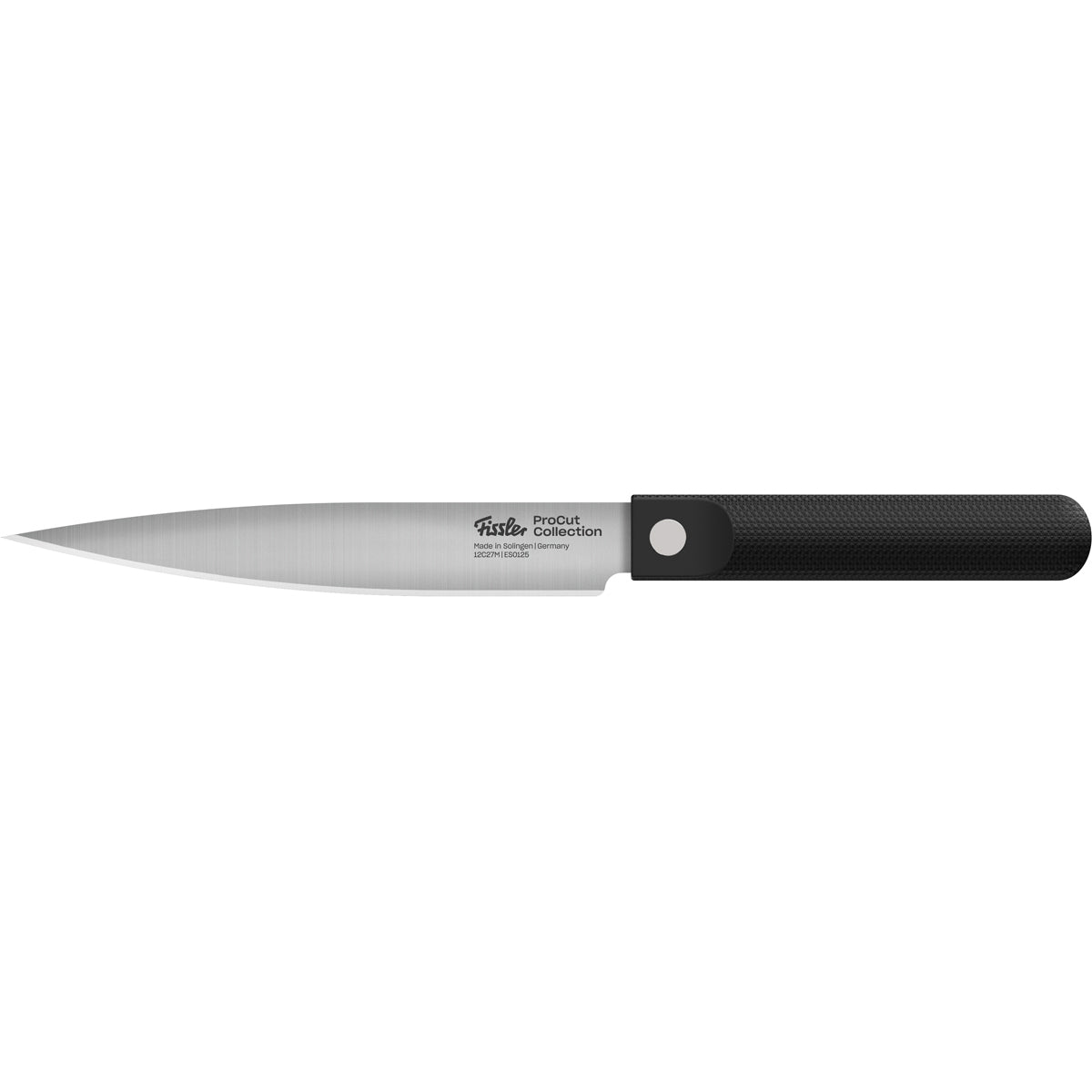 Das Fissler ProCut-Kochmesser mit seiner präzisionsgefertigten, spitzen Klinge aus Edelstahl und einem ergonomischen, strukturierten schwarzen Griff steht für deutsche Qualität und zeitloses Design. Als Teil des 3-teiligen Fissler ProCut-Sets wird dieses vielseitige Küchenutensil vor einem weißen Hintergrund präsentiert.
