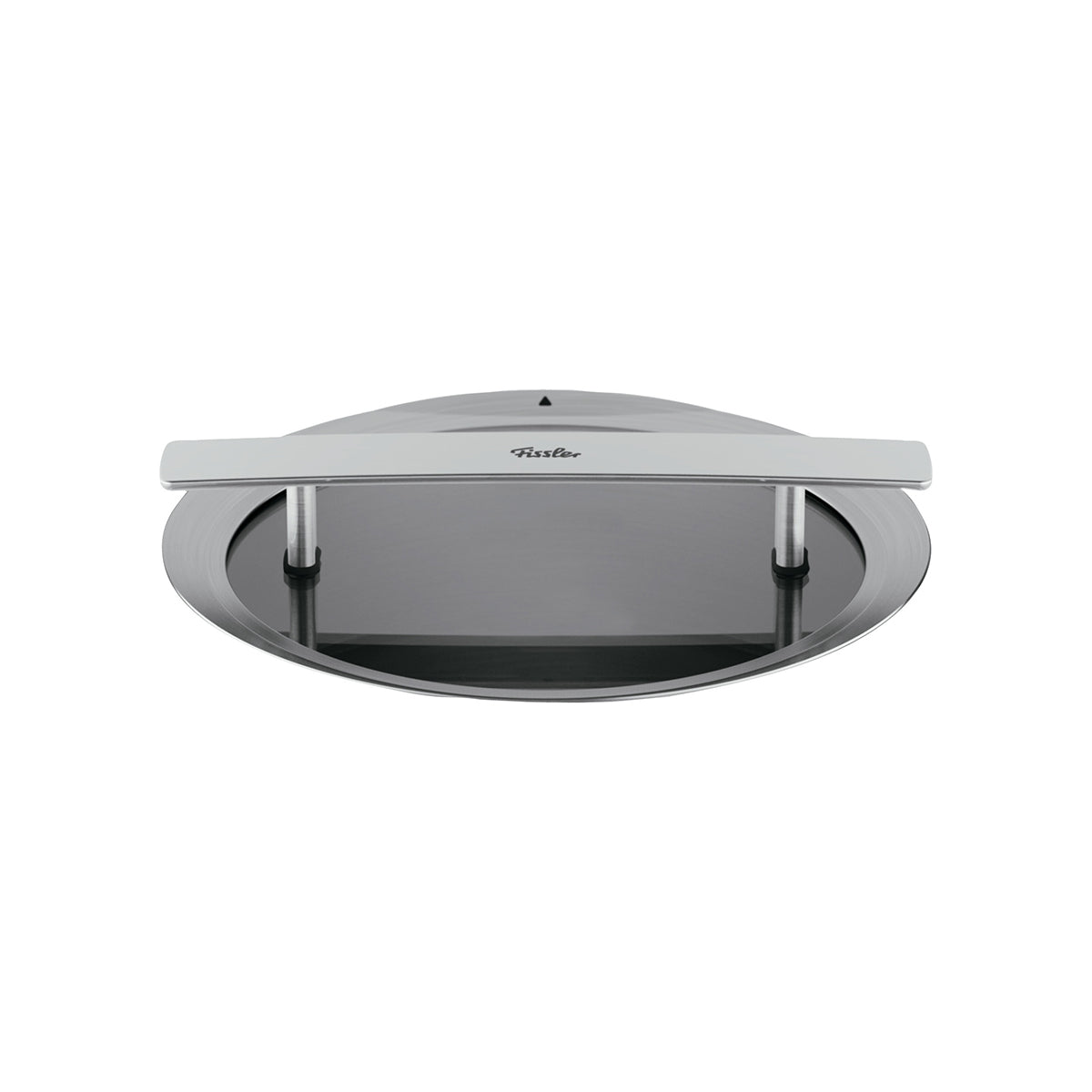 Fissler Phi Collection® 20 cm glass lid with flat handle, stainless steel rim—durable, transparent for easy dish monitoring. Made in Germany.