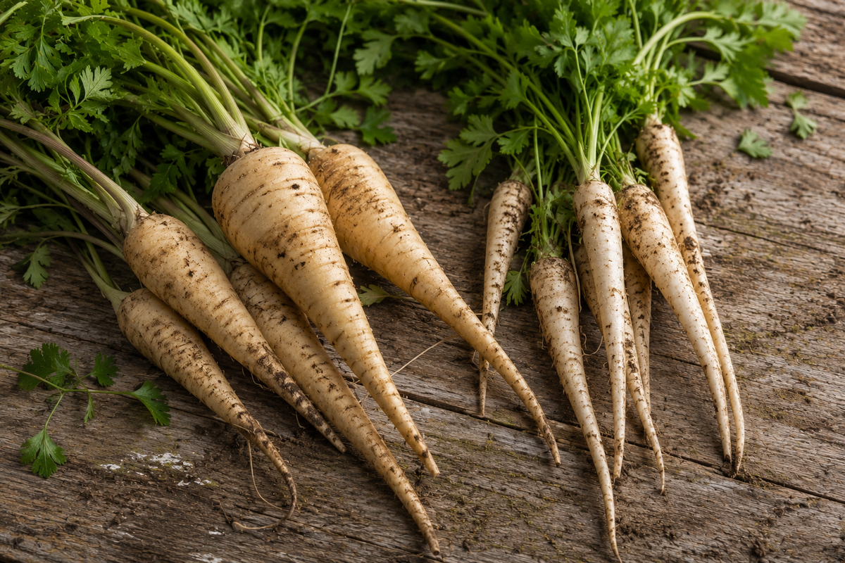 Freshly harvested parsnips with vibrant green tops lie on a rustic wooden surface, complemented by scattered parsley leaves—a scene evoking the fresh ingredients expertly prepared with Fissler’s precision-engineered stainless steel cookware, reflecting the brand’s commitment to quality and timeless design since 1845.