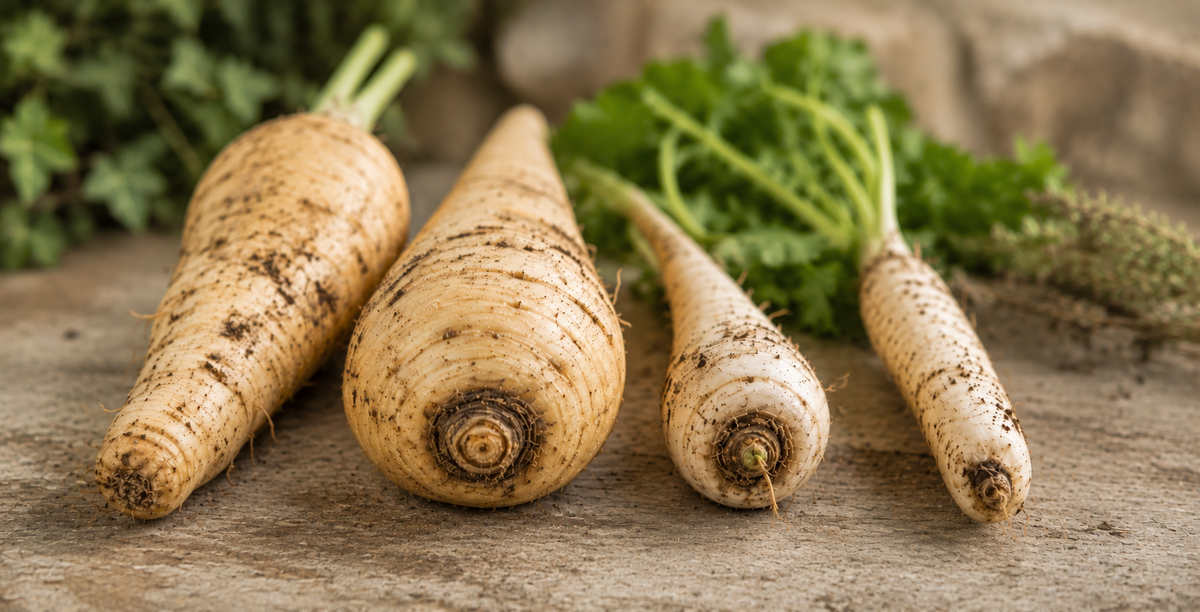 Four freshly harvested parsnips, still dusted with earth, rest on a rustic wooden surface, their green leafy tops visible in the background—illustrating the natural ingredients that inspire Fissler’s precision-engineered cookware and timeless German design.