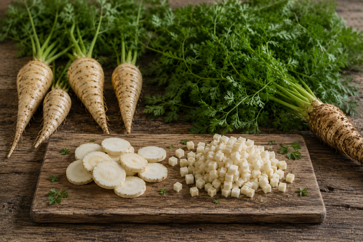 Whole parsnips with leafy tops rest on a wooden table, while a premium cutting board—ideal for use with Fissler’s precision-engineered knives—displays neatly sliced and diced parsnips. A scattering of chopped parsley leaves highlights the quality craftsmanship and timeless design that define every Fissler kitchen moment.