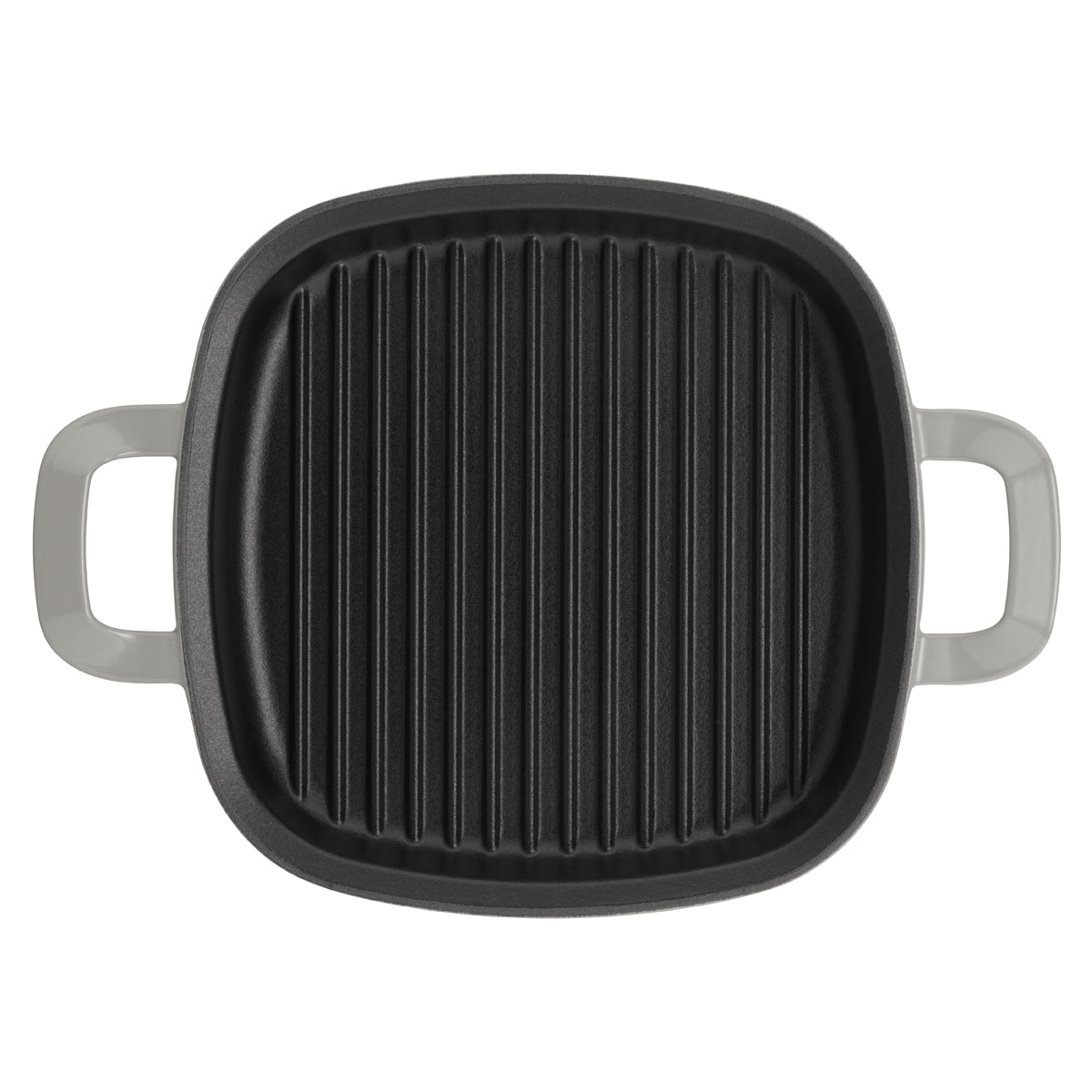 Draufsicht auf die Fissler Original-Profi Gusseisen Grillpfanne, 26x26cm, schwarz mit schlichten grauen Griffen - langlebige, deutsche Qualität.