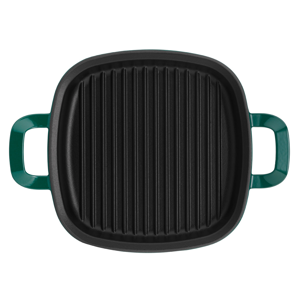Fissler Original-Profi Collection® Grillpfanne aus Gusseisen, 26x26cm, quadratisch, schwarz mit grünen Griffen. Modernes Design auf weißem Hintergrund.