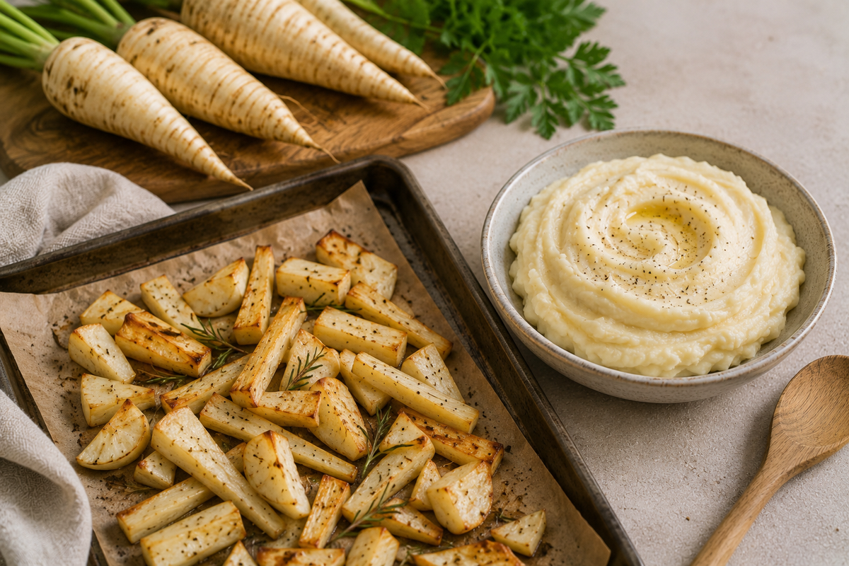 Golden roasted parsnip pieces displayed on a Fissler stainless steel baking tray, accompanied by a bowl of velvety mashed parsnips. Fresh whole parsnips with greens and a premium Fissler wooden spoon rest elegantly in the background, reflecting timeless German craftsmanship and innovative cookware design.