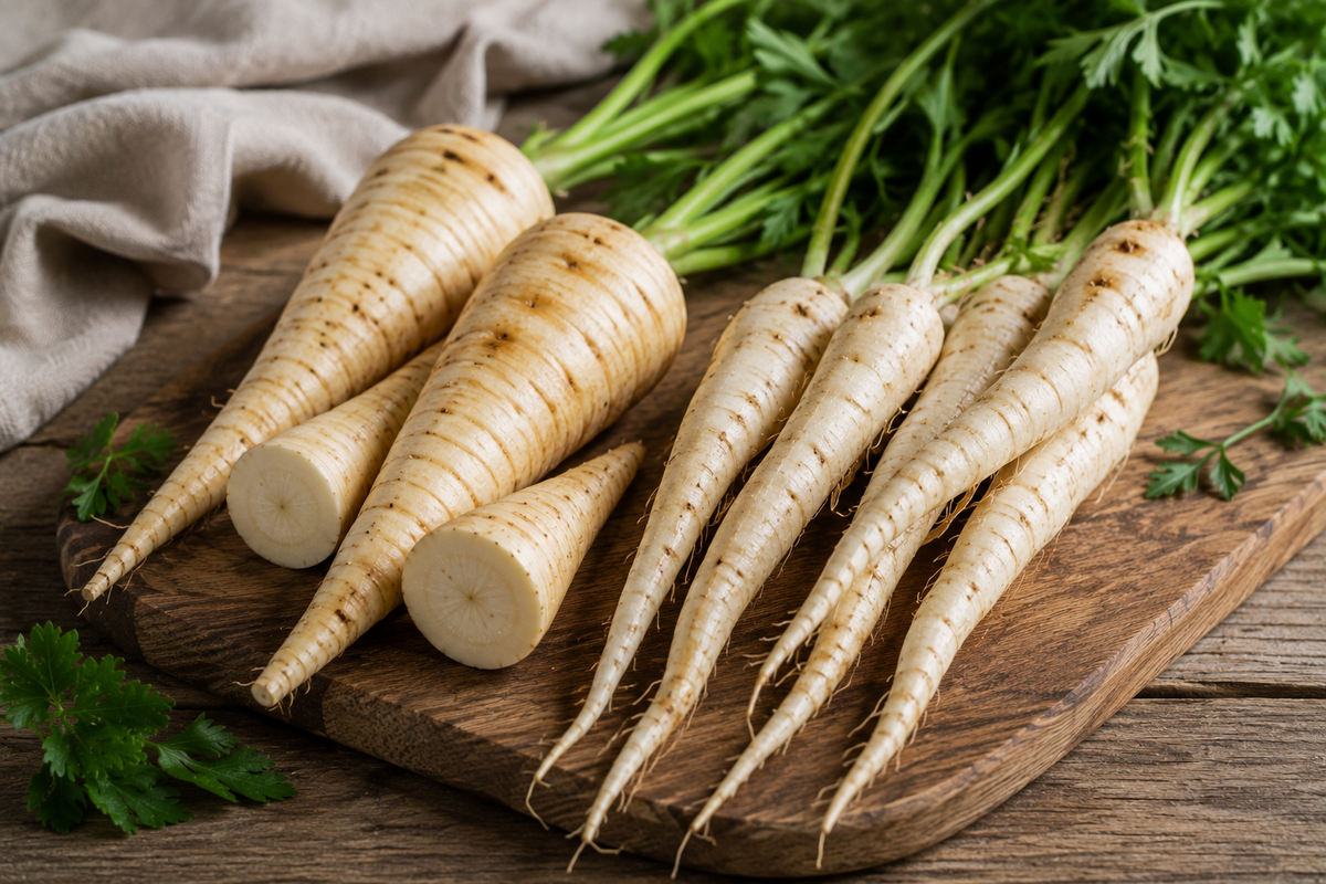 Fresh parsnips with leafy tops are beautifully arranged on a wooden cutting board, complemented by fresh parsley and a beige cloth. The scene highlights the quality of ingredients prepared for cooking with Fissler’s precision-engineered cookware, reflecting durability, innovation, and timeless German design.