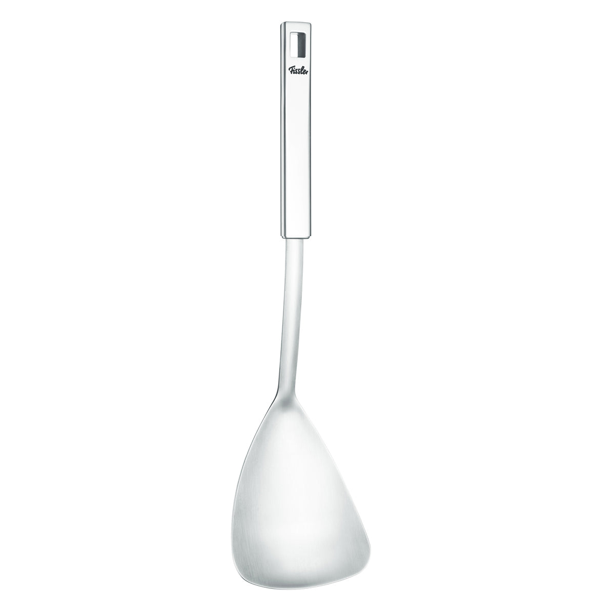Fissler Original-Profi Collection® wok spatula made of 18/10 stainless steel with a long handle and curved blade on a white background.