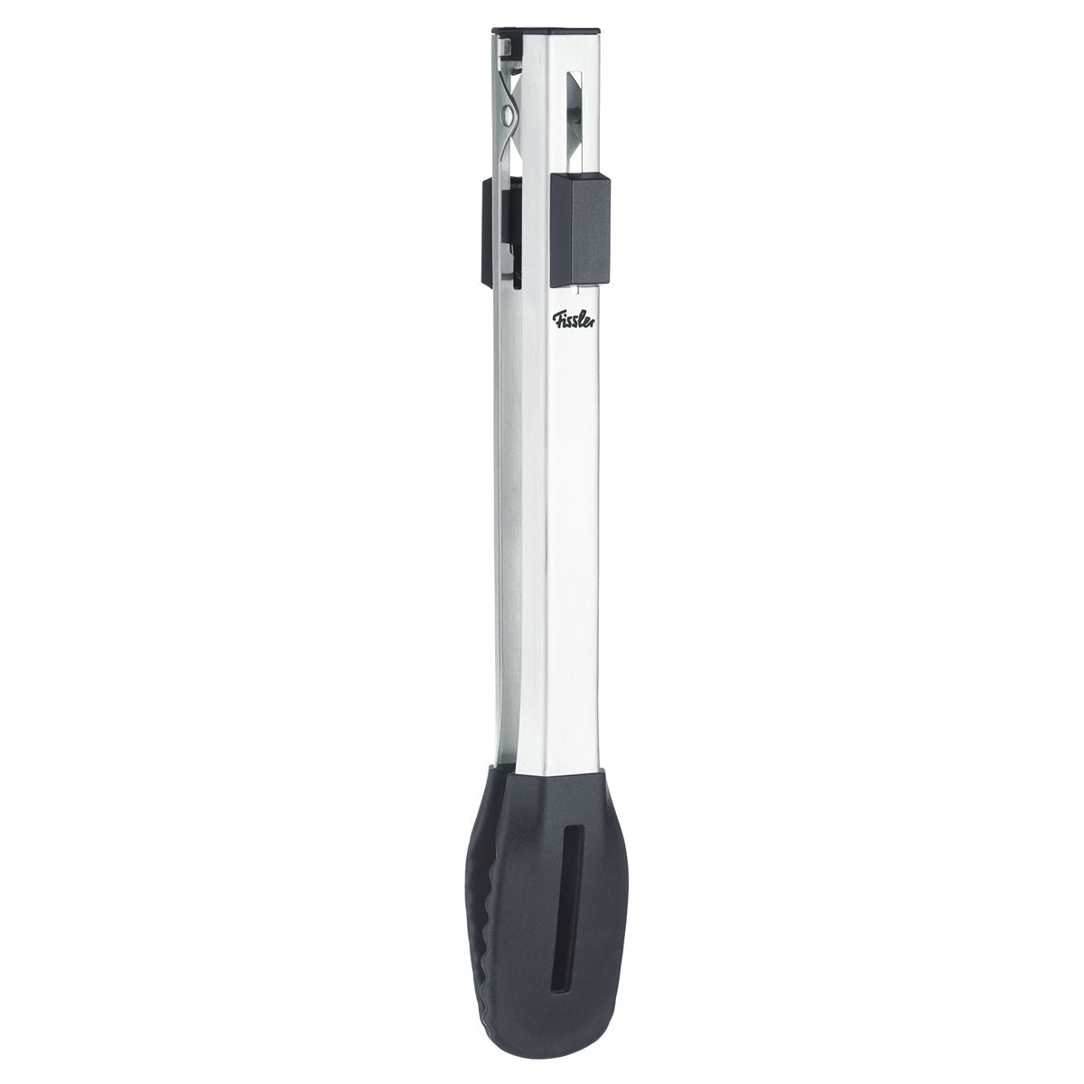 Fissler Original-Profi Collection® tongs made of 18/10 Stainless Steel with black silicone handles, closed, on white background.