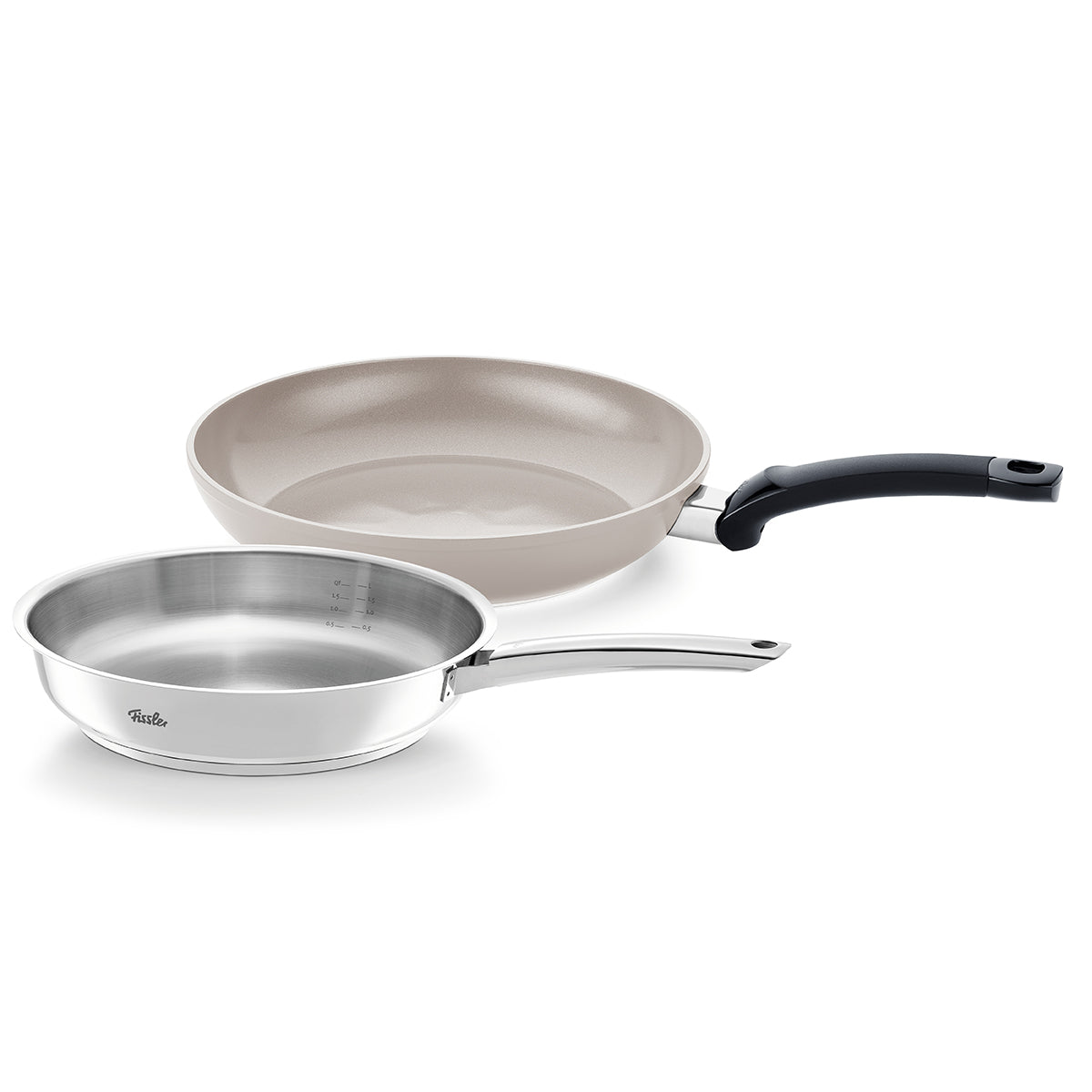 Erleben Sie Fisslers Engagement für Qualität und Präzision mit diesem 2-teiligen Bratpfannenset: die Ceratal® Classic 28 cm mit einer PFAS-freien, beigen Keramik-Antihaftbeschichtung und einem ergonomischen schwarzen Griff sowie die Pure Collection Pure Pfanne 24 cm mit einem meisterhaft gefertigten Edelstahlkörper und einem eleganten Metallgriff. Beide Pfannen stehen für deutsche Ingenieurskunst, zeitloses Design und Langlebigkeit – seit 1845 die Markenzeichen von Fissler-Kochgeschirr – und werden