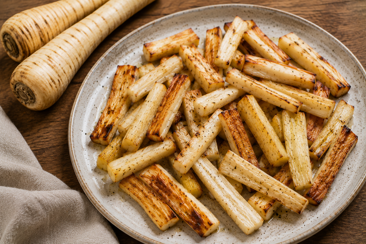 A plate of perfectly roasted parsnip sticks, seasoned with fresh pepper, rests on a wooden table set with whole parsnips and a beige cloth. The scene captures the essence of home cooking at its finest—crafted using premium Fissler cookware renowned for precision engineering and timeless German design.