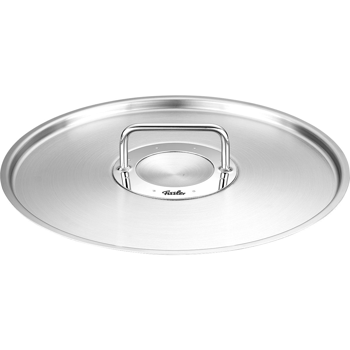 Fissler Adamant® Metalldeckel, 28 cm, Edelstahl gebürstet, ergonomischer Griff, modern-quadratisch - Draufsicht auf Weiß.