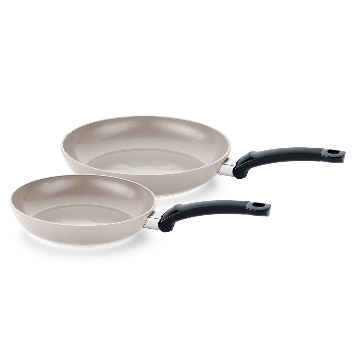 Fissler Ceratal® Classic 2-piece Frying Pan Set (24 & 28 cm) in beige, black handles, side by side - German quality and timeless design.