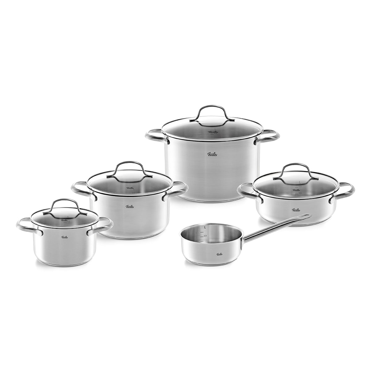 Das Fissler San Francisco Kochgeschirrset besteht aus fünf Edelstahltöpfen und einem Kochtopf mit Glasdeckeln und Superthermic-Böden und spiegelt unsere Tradition deutscher Präzisionstechnik wider.