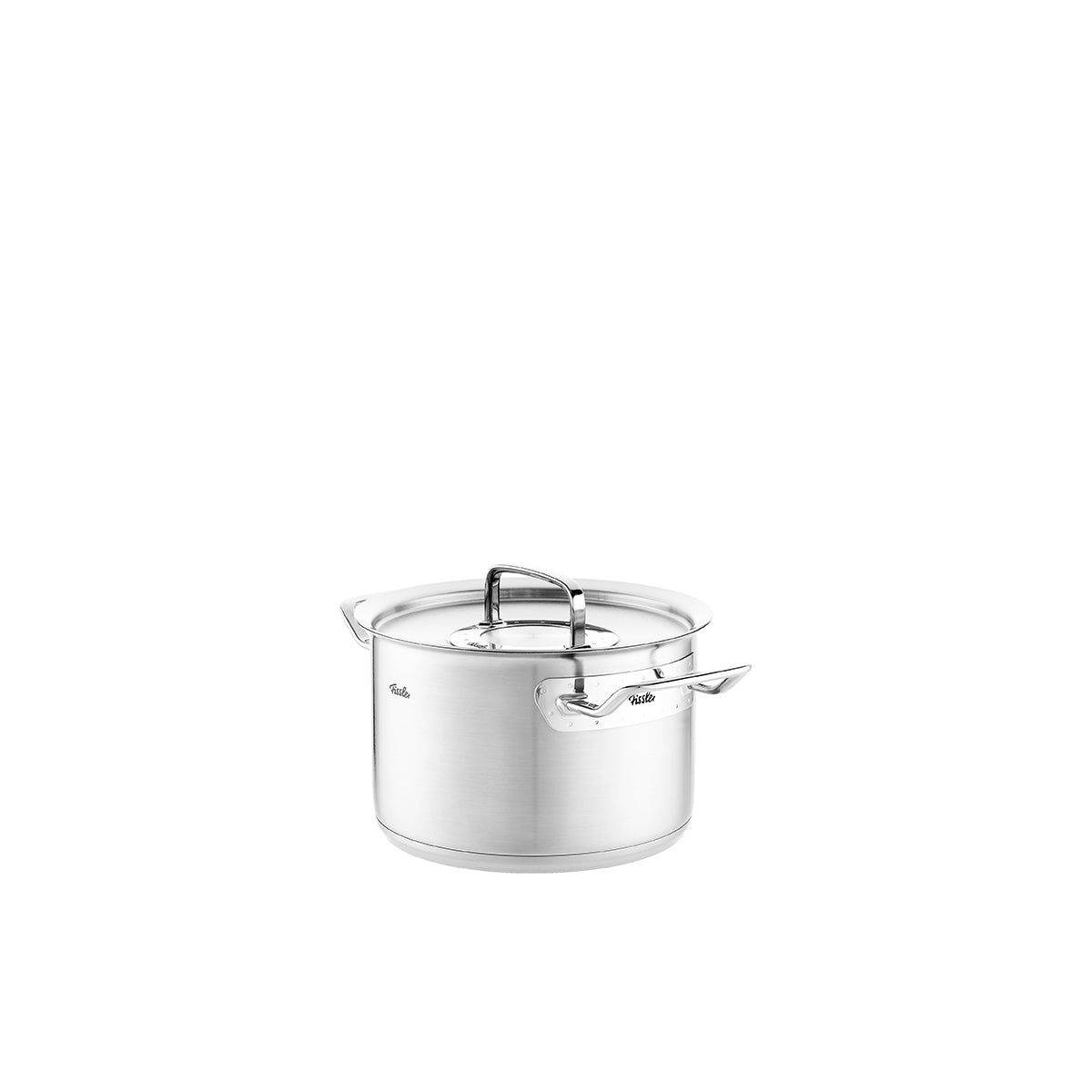 Fissler Original-Profi Collection® 4-teiliges Edelstahl-Topfset mit Deckeln und Doppelgriffen, Präzisionsfertigung in Deutschland, auf weißem Grund.