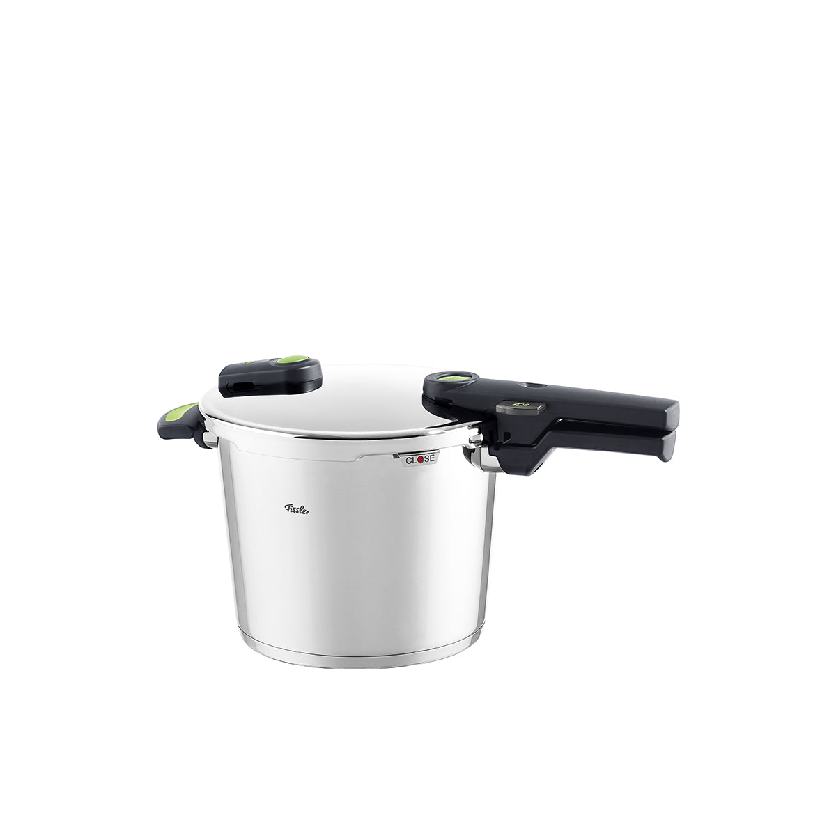 Fissler Vitaquick® Green Schnellkochtopf aus Edelstahl, schwarze und grüne Griffe, sicherer Dual-Lock-Deckel, modernes Design.